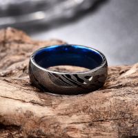 8mm Carbon Carbide Ring Gun Grey Damascus Steel Blue Inner Ring for Men Jewelry Size 7-12