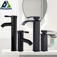 Rozin Matte Black Basin Faucet Deck Mounted Single Lever Bathroom Crane Waterfall Brass Bathroom Tap Hot Cold Water Mixer Taps