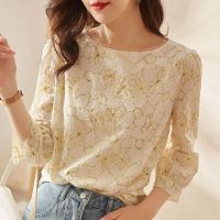 COD DSFERTRETRE Age Reduction Chiffon Blouse Womens Top 3/4 Sleeve Blouse High-quality Chic and Beautiful Lace Shirt