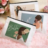 Personalised Illustration Girl Makeup Bag Travel Toiletries Organizer Pouch Custom Name Female Zipper Cosmetic Bag Gifts for Her