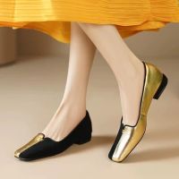 New Womens Flats Square Toe Boat Shoes Black Gold Mixed Color Slip on Flat Shoes Woman Loafers Low Heels Elegant Shoes 1520N