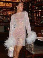 【HOT】☂﹉ Mesh Feathers Tassel 2023 Outfit Sleeve Sheer Rhinestones Show Wear