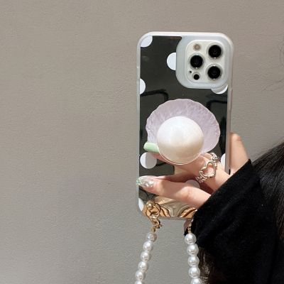 「16- digits」 INS Korea Pearl Conch Shell Mirror Pearl Holder Chain Soft Case สำหรับ iPhone 12 11 13 PRO XS MAX XR 7 8 Plus ป้องกันปกหลัง