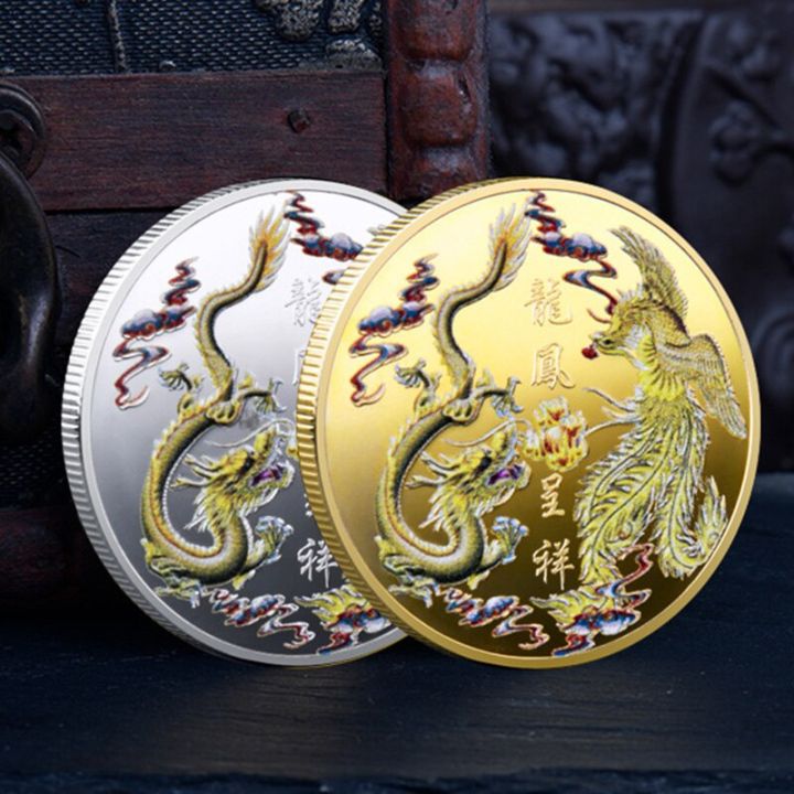 chinese-golden-silver-dragon-coins-lucky-phoenix-commemorative-gold-coin-embossed-collectible-medal-souvenirs-gifts
