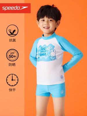 Speedo Miffy ชุดว่ายน้ำแขนยาวของเด็กและวัยรุ่นชุดว่ายน้ำแยกชิ้นกันแดดแห้งเร็วสำหรับเด็กโตและผู้ชายโอกาส