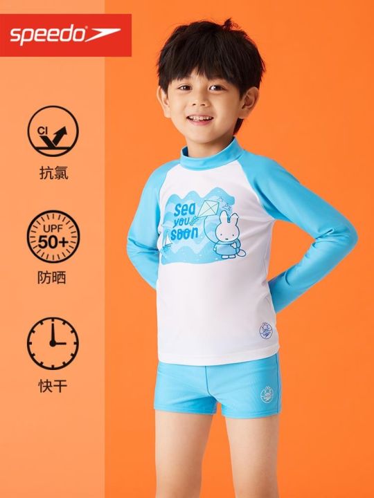 speedo-miffy-ชุดว่ายน้ำแขนยาวของเด็กและวัยรุ่นชุดว่ายน้ำแยกชิ้นกันแดดแห้งเร็วสำหรับเด็กโตและผู้ชายโอกาส