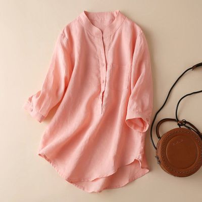 Seven new spring and summer of 2022 female cotton and linen collar shirt sleeve contracted loose shirts big yards leisure coat