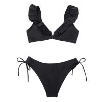 CUPSHE Black Ruffled Low Waist Bikini Set Swimsuit For Women Sexy Lace Up Bottom Two Pieces Swimwear  Beach Bathing Suit