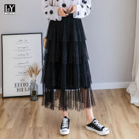 (ร้อน) LY VAREY LIN 2022ผู้หญิงฤดูใบไม้ผลิฤดูร้อนเจ้าหญิงสูงเอว Ruffled Tiered Tulle กระโปรงจีบเค้กหวานชั้นกระโปรงตาข่ายยาว