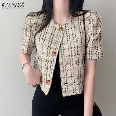 (จัดส่งฟรี)Fancystyle ZANZEA เสื้อเบลเซอร์ลายสก็อตเช็คอเนกประสงค์สำหรับผู้หญิงสไตล์เกาหลีกระดุมแถวเดียวทำงานเสื้อคอกลม #10