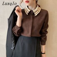 Luxqlo เสื้อเบลาส์ผู้หญิงแขนยาววินเทจคอตุ๊กตา,เสื้อเบลาส์ผู้หญิงขนาดใหญ่ที่สง่างามใหม่เสื้อธรรมดาสีทึบ