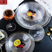 Nordic Glod Line Wire Drawing Glass Dinner Charger Plate Dessert Salad Soup Bowl Breakfast Dish Wedding Decorative Tableware