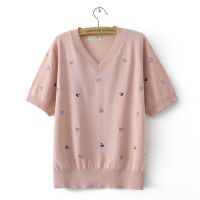 【มีไซส์ใหญ่】Plus Size XL-4XL Womens V-neck Ice Silk Summer Shirts Oversized Knitted Heart Embroidery Female Tops Vintage Fashion Top