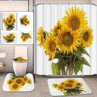 1/3/4Pcs Sunflower Bathroom Set Waterproof Polyester Shower Curtain Home Decor Carpet Rugs Toilet Seat Lid Cover Bath Mat Kits