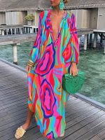 ﹉❁▨ Women Boho Maxi Dress 2023 Summer Sexy Deep V Neck Long Dresses Vintage Print Long Sleeve Loose Beach Cover Up Female Dress Robe