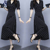 ฤดูร้อน Slim V คอ A-Line Dress Simple Dot Flare แขนกลางยาว Causal Dress【fast】