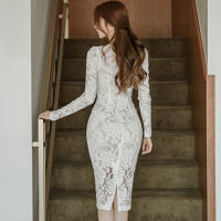 Elegant Party White Lace Dress 2022 Spring Korean Temperament Simple O-Neck Long Sleeve Hollow High Waist Tight Dress Women