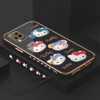 เคสโทรศัพท์สำหรับ Infinix Hot 10S ร้อน10S NFC ฟรีสายคล้อง + การ์ตูนน่ารัก Hello Kitty สำหรับสาวขอบสี่เหลี่ยมรูปแบบปลอกชุบเคสโทรศัพท์หรูหราชุบนุ่มเคสโทรศัพท์