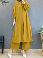 ZANZEA Fashion Muslim Suit Long Sleeve Blouse Wide Leg Pant 2PCS Woman Casual Loose Matching Sets Female Islamic Clothing 2023