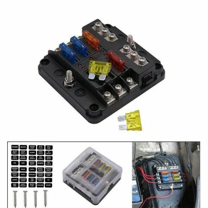 6Way Auto Blade FUSE BOX LOCK Holder พร้อมไฟ LED แสดงสถานะสำหรับ 12V