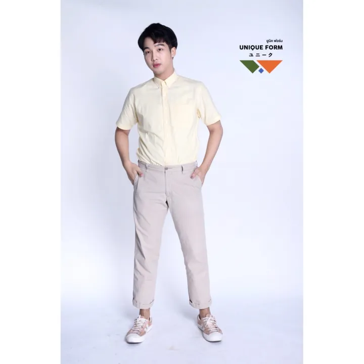 uniqueform-เสื้อเชิ้ต-แขนสั้น-คอจีน-คอปก-สีเหลือง-banana-yellow-shirt-ผ้าอ้อกฟอร์ด-pure-oxford-shirt