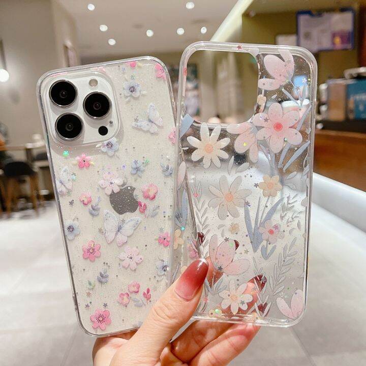 chaunceybi-เคสลายดอกไม้ดาวแวววาวสำหรับ-iphone-14-13-11-x-xr-7-8-plus-se2ฝาครอบ-tpu-เนื้อนิ่มโปร่งใสบางเฉียบ