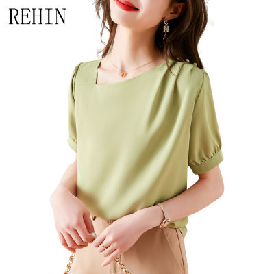REHIN เสื้อชุดซาตินแขนสั้นผู้หญิงลำลองสไตล์เกาหลีแบบใหม่ฤดูร้อน,เสื้อเชิ๊ตสตรีเข้ารูปหรูหราทางปัญญาสำหรับผู้หญิง
