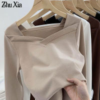 ZhuXia เสื้อยืดผู้หญิง,เดรสยาวหน้าร้อนกำมะหยี่,ปลอกคอสี่เหลี่ยมที่ใส่ได้พอดีตัวไม่สม่ำเสมอ