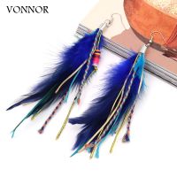 เครื่องประดับ VONNOR ต่างหูยาวของผู้หญิงจี้ต่างหูรูปหยดน้ำขนนกโบฮีเมียนของขวัญสำหรับผู้หญิง