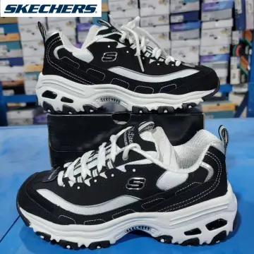 Mens black sale and white skechers