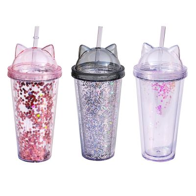 【jw】┋✥№  Insulated Wall Tumbler Cup with Lid and Glittering Flash Mugs for Shopping Hot Cold