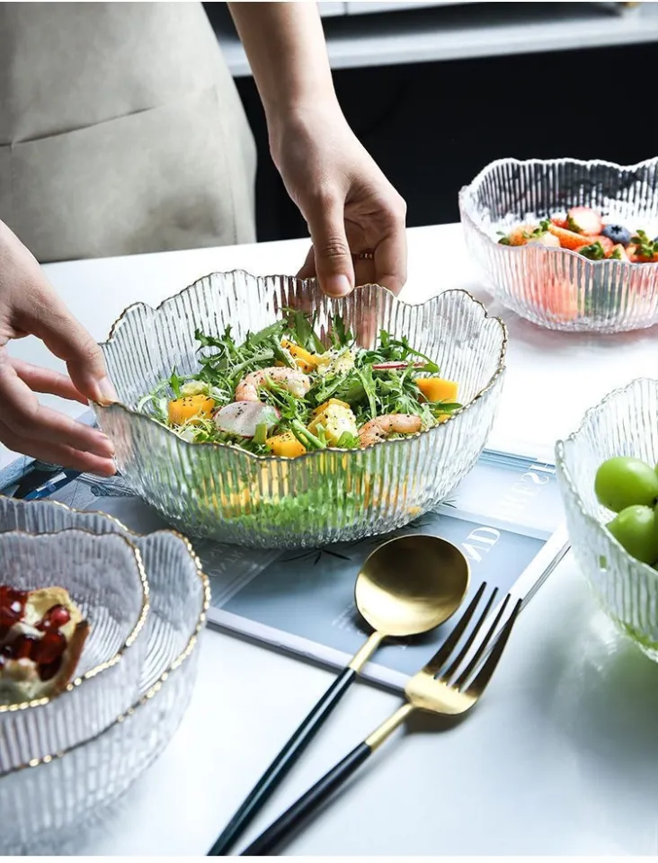 Square Glass Salad Bowl,Nordic Golden Border Salad Bowl Transparent Glass  Foods Mixing Bowl Fruit Vegetable Bowl Dessert Round Square Bowl