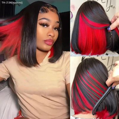 Bob Wigs for Women Red Peekaboo Wig Synthetic Hair Straight Bob Wig Shoulder Length Black with Red Highlights Wig Blunt Cut Bob [ Hot sell ] vpdcmi