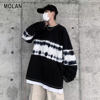 MOLAN เสื้อสเวตเตอร์แขนยาวสวมหัวผู้ชายเสื้อยืดแขนยาวมัดย้อมเสื้อกีฬาแขนยาวทรงหลวมวินเทจสำหรับผู้ชายและผู้หญิง