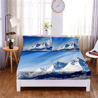 Snow Mountain Digital Printed 3pc Polyester Fitted Sheet Mattress Cover Four Corners with Elastic Band Bed Sheet Pillowcases