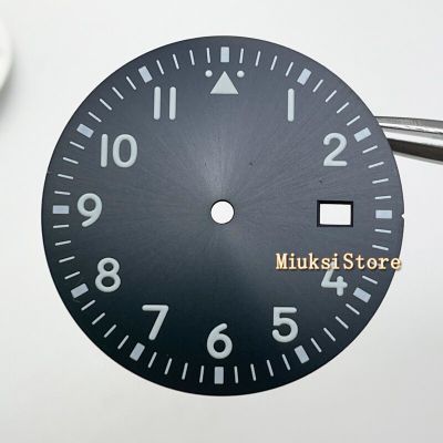 33.8Mm Silver Color Watch Parts Sterile Sunburst Steel Watch Dial  Fit NH35 Movement Face Green Luminous Marks Date Window