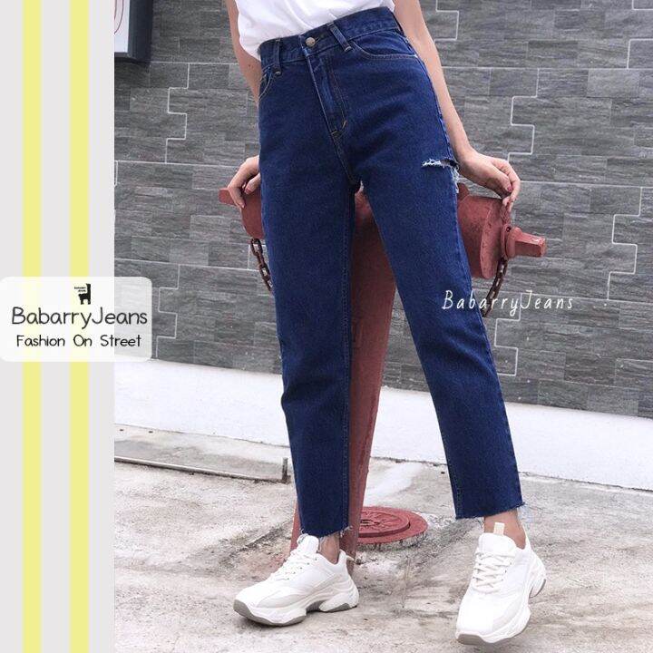 พร้อมส่ง-babarryjeans-ยีนส์บอยเฟรน-เอวสูง-ปลายตัด-กรีดขาดข้าง-ผ้าไม่ยืด-สียีนส์เข้ม