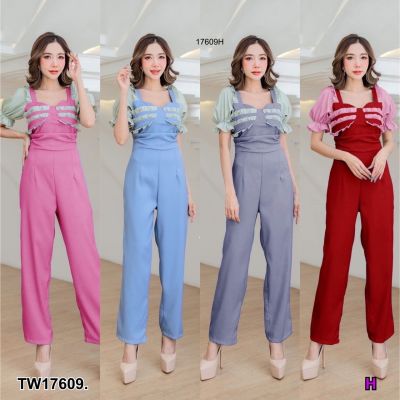 TW17609 Jumpsuit จั้มสูทแขนพองสม็อค แต่งระบายชั้น