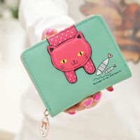 KMNITH ซิปหนัง PU แมวน่ารักกระเป๋าใส่เงิน Dompet Koin กระเป๋าสตางค์ใบสั้นกระเป๋าเก็บบัตร