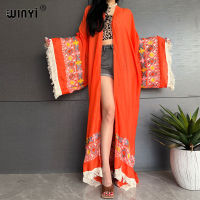 WINYI คุณภาพสูงชาติพันธุ์ปัก Fringed ชุดยาว Boho Beach Holiday Beach Cover Ups สำหรับชุดว่ายน้ำผู้หญิง Africa Kimono