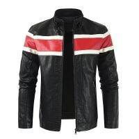 2023 Autumn and Winter New Mens Stand-up Collar Leather Jacket Collision Color Splicing Teen Handsome Motorcycle Jacket