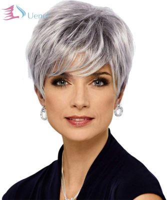 Uenel Short Gray Human Hair Wigs for Women Natural Pixie Cut Wig Daily Hair