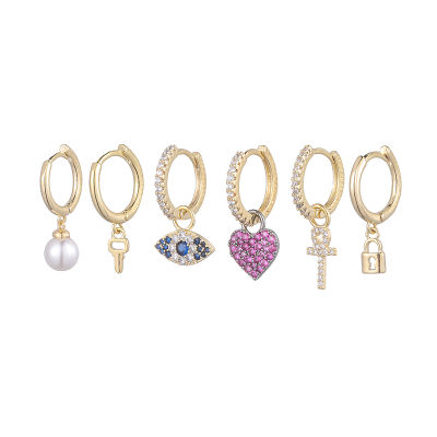 ANENJERY 6 piecesset 925 Sterling Silver Eyes Key Lock Heart Hoop Earrings for Women Pearl Zircon Creative Earrings Wholesale