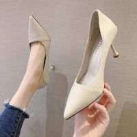 The spring of 2023 the new little black leather shoes pointed mouth shallow single ladies shoes professional work to work fine with high heels