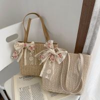 Vintage Women Woven Shoulder Bag Solid Color Lace Ribbon Tote Handbags Wicker Boho Straw Bag for Summer Beach Handle Beige Bags