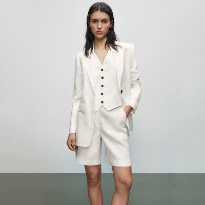 ✑Female MASSIMO ชุด DUTTI2022ฤดูร้อนสินค้าใหม่ดีไซน์ผ้าลินินสีขาวกางเกงขาสั้นสีขาวสำหรับผู้หญิง05049582250 5049582