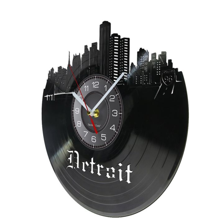 ใหม่-สไตล์-ดีทรอยต์อเมริกันภูมิทัศน์-dacorative-มอเตอร์นาฬิกาเส้นขอบฟ้าเมืองตึกระฟ้าตัดด้วยเลเซอร์ย้อนยุค-longplay-นาฬิกาติดผนังนาฬิกาประดิษฐ์ดิสก์
