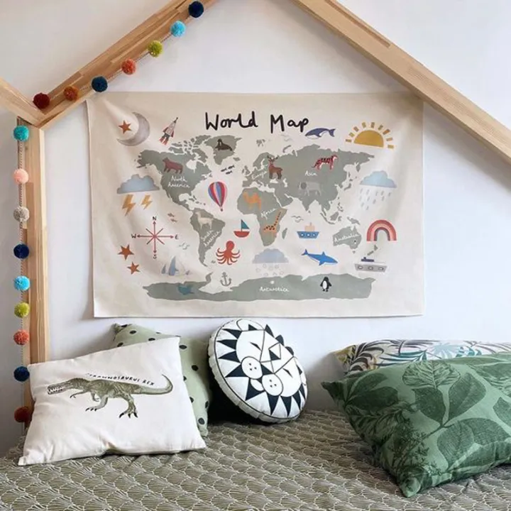 Hanging Canvas World Map World Map Tapestry Cotton Canvas Wall Hanging - Kids Room Decor Background  Cloth Wall Decoration Photo Prop 80*60Cm | Lazada