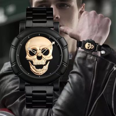 【July】 Fashion European and cool ghost head watch mens steel belt quartz cross-border new skull