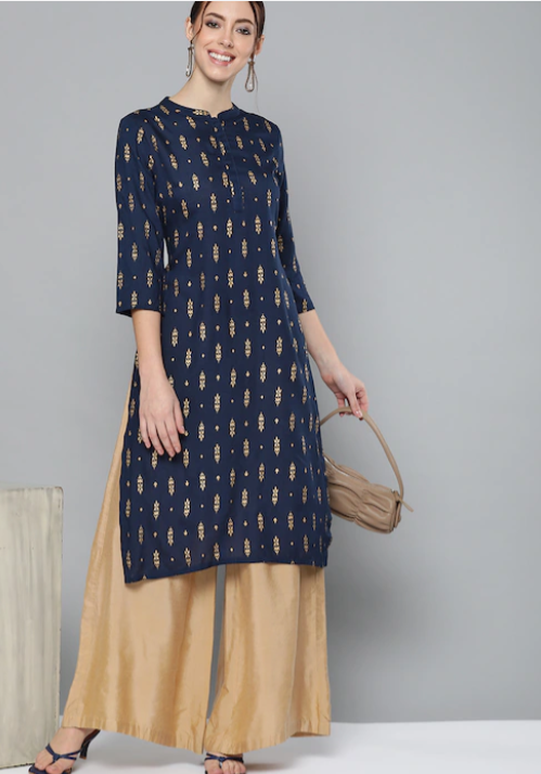 [Pre-Order] Women Navy Blue & Gold-Toned Ethnic Motifs Printed Kurta ...